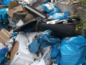 Diese Mülltonne ist sogar noch gefüllt und dennoch total zermalmt und platt. Hier auf der Müllkippe gibts für nichts Gnade!