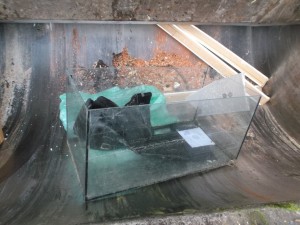 Mit Schwung ein Aquarium in die Müllschüttung geworfen. Noch blieb das Glas ganz. Darin alte geile Stiefel.