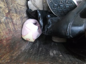 Süße weiche pink-weiße Pumas rutschten in der Müllschüttung ihrem Ende entgegen.