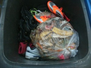 Mit Küchenabfällen bald abgedeckt, konnten die Müllschuhe nun vor sich hinrotten.