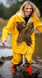 Vrouw in geel regenpak en rode laarzen rent door de modder.jpeg