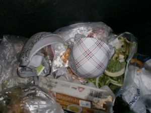 Ihr süßer noch sehr schöner BH (75 B) kullerte beim Wurf in den Müllcontainer an die Wandung und blieb ausgerechnet auf einem offenen siffigen Küchenmüllbeutel liegen!